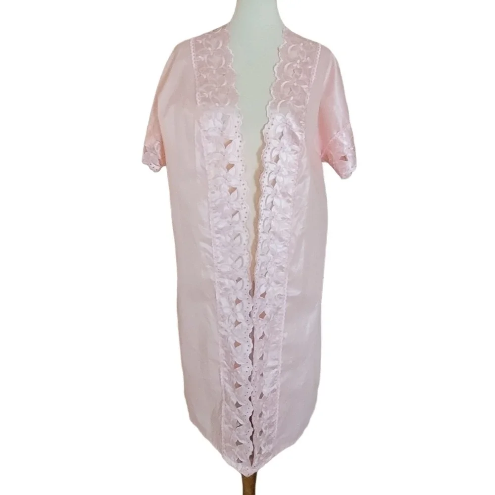 Vintage Pink Satin Lace Trim Robe Short‎ Sleeve Duster Peignoir Coquette L